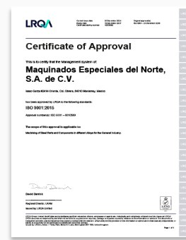 Certificado de aprobación LRQA ISO 9001:2015 de Maquinados Especiales del Norte